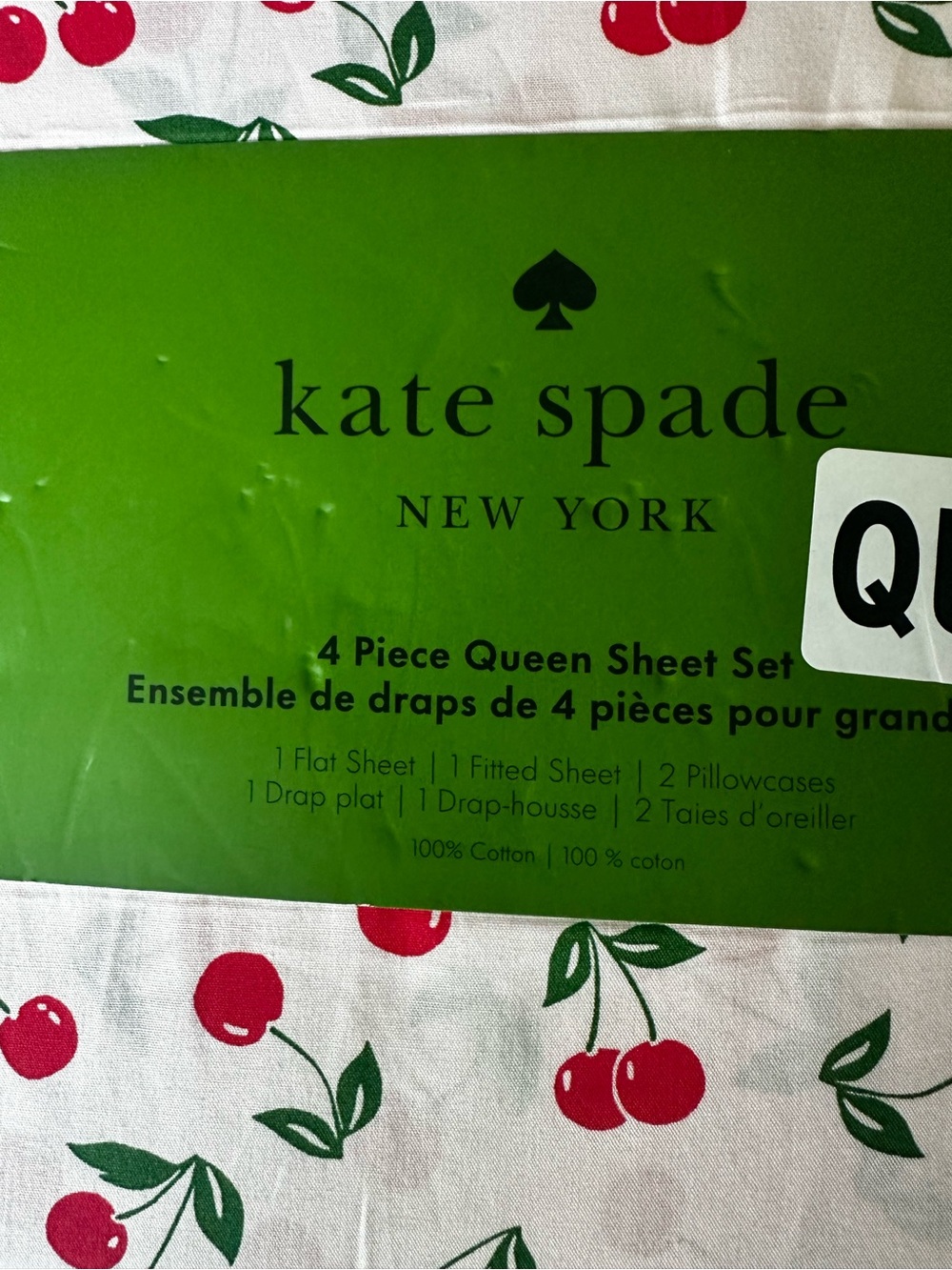 kate spade Cherry Print Cotton Sheet Set in White, Red & Green - Picture 2 of 4